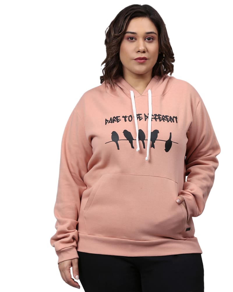 Front of a model wearing a size 4XL Peach Bird Motif Sweatshirt in Peach by Instafab Plus. | dia_product_style_image_id:298297